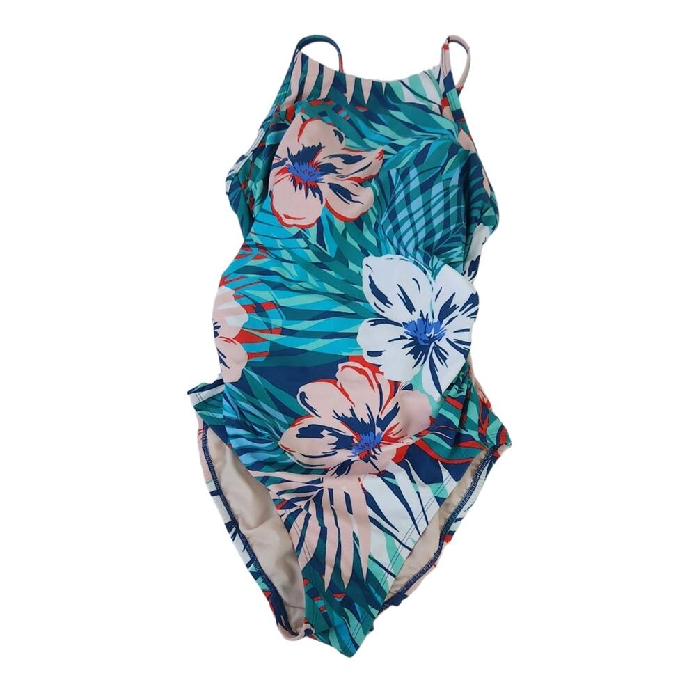 Kona Sol One Piece Swimsuit Small Floral Bathing Suit Tropical Flowers Green